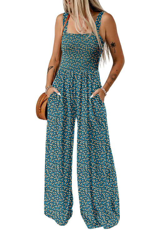 Retro Floral Print Smocked Bodice Wide Leg Jumpsuit